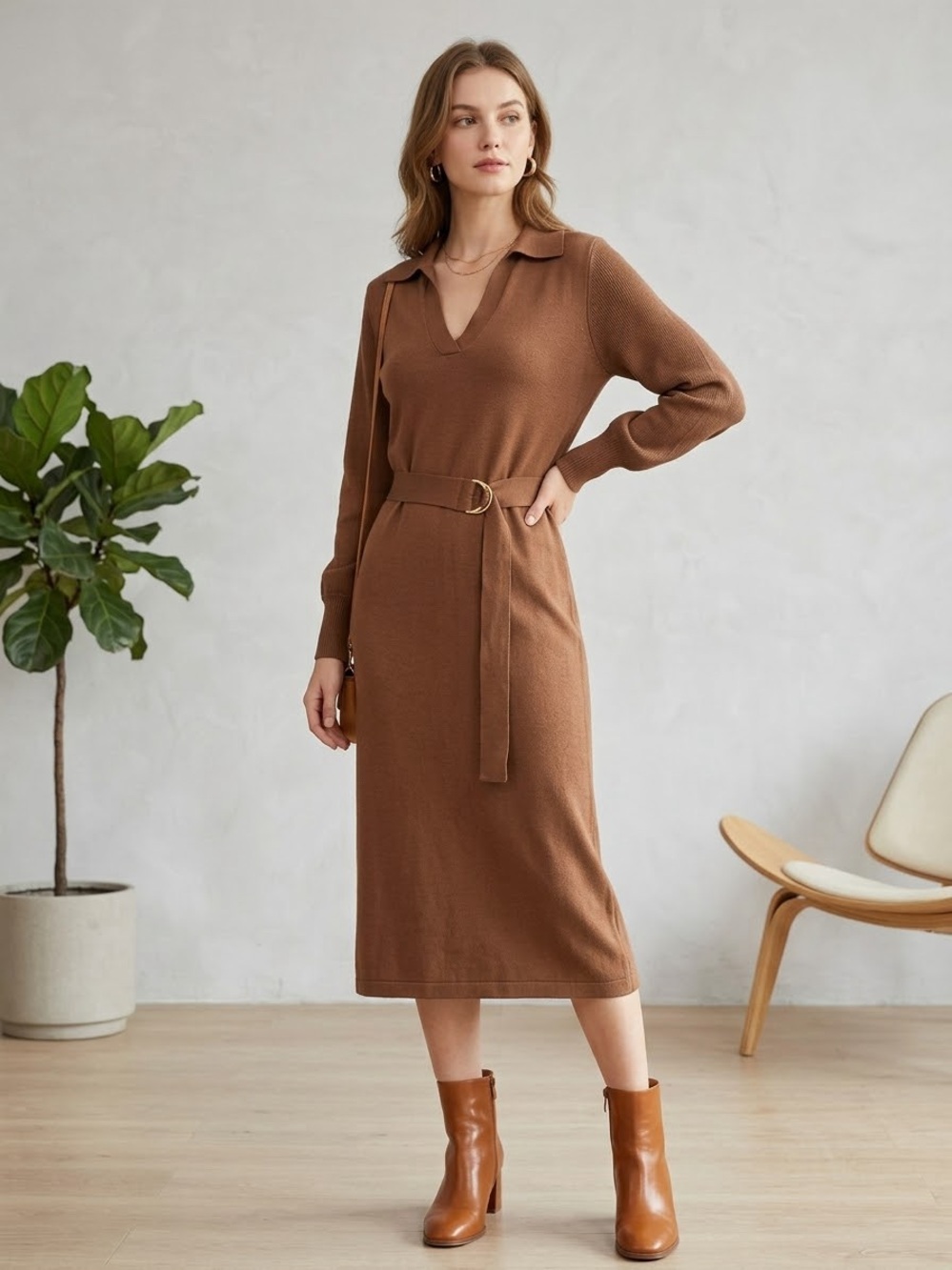 Donna Ricco New York Camel Knit Belted Midi Sweater Dress Size Small